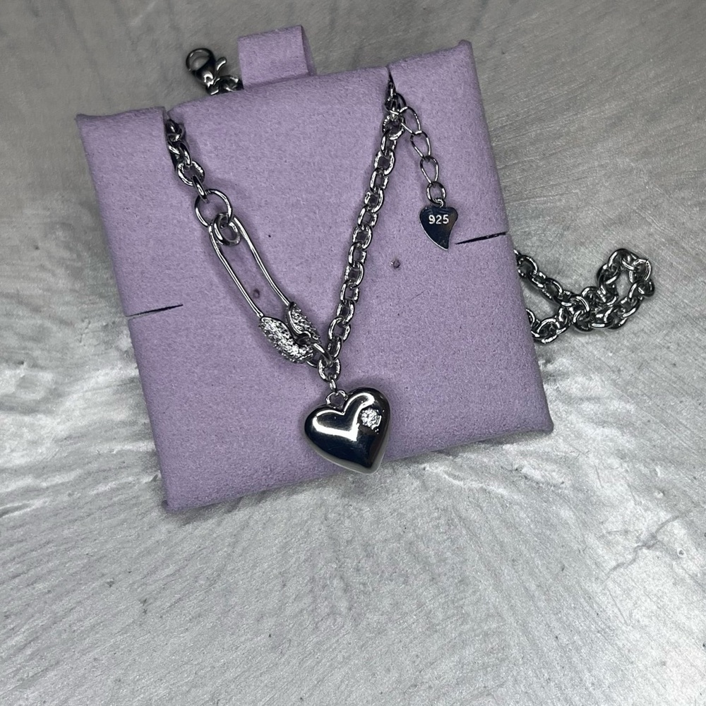 💎New Sterling Silver Pin & Heart CZ Crystal Necklace